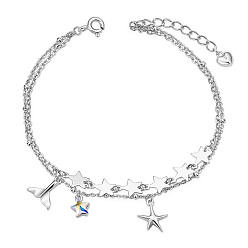 Platinum Rhodium Plated 925 Sterling Silver Multi-Strand Bracelets, with Czech Rhinestone and Cable Chains, Star & Starfish/Sea Stars & Whale Tail Shape, Platinum, 6-1/2 inch(16.5cm)