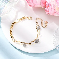 Лабрадорита 304 браслеты из латунной цепочки и текстурированных цепочек из нержавеющей стали для женщин, с натуральными лабрадоритами, 7-1/2 дюйм (19.2 см)