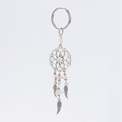 Mixed Stone Woven Net/Web with Feather Alloy Keychain, with Natural Mixed Stone Beads and 304 Stainless Steel Key Rings, Antique Silver and Platinum, 118mm