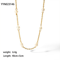 Настоящее золото 18K 304 Ожерелье из нержавеющей стали с россыпью натурального жемчуга для женщин, цветочный белый, реальный 18 k позолоченный, 15.75 дюйм (40 см)