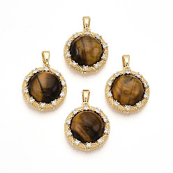 Настоящее золото 18K Природных тигровый глаз подвески, Плоские круглые подвески из латуни с микропаве из прозрачного кубического циркония, реальный 18 k позолоченный, 17.5x16x6.5 мм, отверстие : 5x2.5 мм