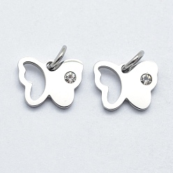 Нержавеющая Сталь Цвет 316 хирургические подвески из нержавеющей стали, с кубического циркония, бабочка, прозрачные, цвет нержавеющей стали, 9x11x2 мм, отверстие : 3 мм