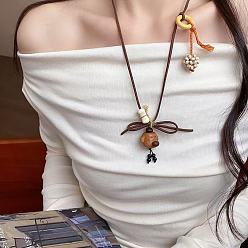 Dog Coffee Bean & Wood Dog Pendant Adjustable Imitation Leather Cord Long Necklaces for Women, Dog, 27.56 inch(70cm), Pendant: 40mm