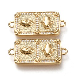 Real 18K Gold Plated Brass Micro Pave Cubic Zirconia Links Connectors, Rectangle with Eye & Hamsa Hand, Clear, Real 18K Gold Plated, 31.5x15x3mm, Hole: 2mm