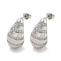 Platine Boucles d'oreilles en laiton plaqué en forme de larme, micro pavé, zircone cubique, pour femmes, sans cadmium et sans plomb, plaqué longue durée, platine, 22x12mm