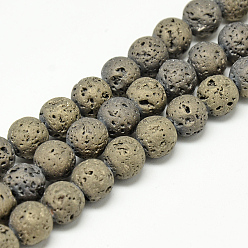 Light Gold Plated Electroplate Natural Lava Rock Beads Strands, Matte Style, Round, Light Gold Plated, 4~5mm, Hole: 0.5mm, about 88pcs/strand, 13.7~14.9 inch