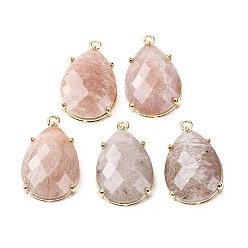 Солнечный Камень Подвески из натурального солнечного камня, покрытие стойки латунные граненые подвески-капли, золотые, 24~24.5x16~16.5x7 мм, отверстие : 1.5 мм