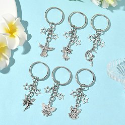 Античный Серебристый & Платиновый 6шт. брелки из сплава в тибетском стиле, с железными разрезными брелоками, угол со звездой, старинное серебро и платина, 73~78 мм