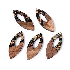 Черный Подвески из непрозрачной смолы и орехового дерева, Очарование лошадиных глаз, с блестящей пудрой и золотой фольгой, чёрные, 38x15.5x3~3.5 мм, отверстие : 2 мм
