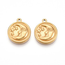 Настоящее золото 18K 304 подвески из нержавеющей стали, ионное покрытие (ip), плоский круглый с подвесками в виде лунных звезд, реальный 18 k позолоченный, 17.5x15x3 мм, отверстие : 1.6 мм