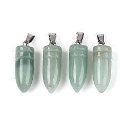 Зеленый Авантюрин Естественный зеленый авантюрин подвески, пулевые чары, с защелкой из нержавеющей стали на поручнях, цвет нержавеющей стали, 28~30x10~10.5 мм, отверстие : 7.5x3.5 мм