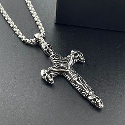 Нержавеющая Сталь Цвет Модные 304 ожерелья с подвеской в виде готического черепа и креста из нержавеющей стали для мужчин, цвет нержавеющей стали