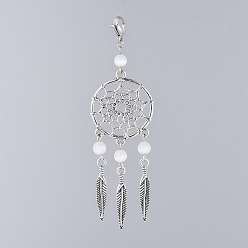 White Alloy Big Pendants, with Cat Eye Beads and 304 Stainless Steel Lobster Claw Clasps, Woven Net/Web with Feather, White, 95mm