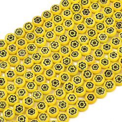 Желтый Ручной Millefiori стеклянные плоские круглые нити бисера, один цветочный дизайн, желтые, 6x2.5 мм, отверстие : 1 мм, около 64~68 шт / нитка, 14.5~15 дюйм