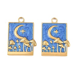 Темно-Голубой 304 нержавеющей стальной эмали подвески, прямоугольник с подвесками в виде луны и гриба, ионное покрытие (ip), реальный 18 k позолоченный, глубокое синее небо, 25x18x2.5 мм, отверстие : 2.5 мм