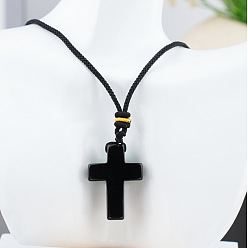 Обсидиан Подвеска в виде креста из натурального обсидиана на черном хлопковом шнурке., 25.20 дюйм (64 см)
