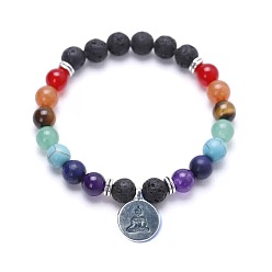 Colorful Alloy Buddha Charm Chakra Round Gemstone Beaded Stretch Bracelets, Platinum, Colorful, 7.28 inch(18.5cm)