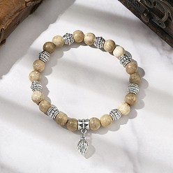 Бежевый Браслеты с подвесками из цветочного сплава, Браслеты из натурального дерева с круглыми бусинами для мужчин и женщин, бежевые, внутренний диаметр: 2-1/4 дюйм (5.6 см)