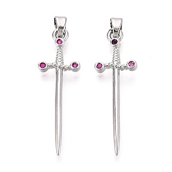 Платина Латунные микро проложить кубического циркония подвески, без кадмия, без никеля и без свинца, меч, платина, 32.5x10x2.5 мм, отверстие : 4 мм