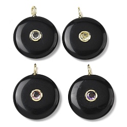Обсидиан Природные подвески обсидиана, плоские круглые подвески с латунной микропаве из кубических цирконий случайных цветов, золотые, 31~31.5x25x7 мм, отверстие : 2x3 мм