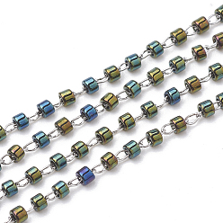 Colorful TOHO Japan Import Seed Beads, Handmade Glass Beaded Chains, Soldered, with Stainless Steel Findings, Plated, Column, Stainless Steel Color, Colorful, 2mm, about 26.24 Feet(8m)/strand