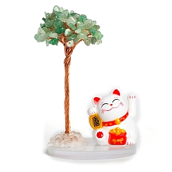 Green Aventurine Natural Green Aventurine Chips Tree Decorations, Plastic Lucky Cat with Copper Wire Feng Shui Energy Stone Gift for Women Men Meditation, 80mm