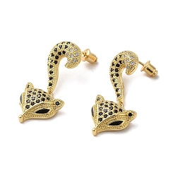 Real 18K Gold Plated Fox Brass Dangle Stud Earrings, with Cubic Zirconia, Real 18K Gold Plated, 34x16mm