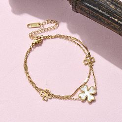 Золотой 304 многорядные браслеты из нержавеющей стали с подвеской из ракушки и жемчуга, браслеты из цепочек и кабелей для женщин, клевер амулеты, золотые, 6.57 дюйм (16.7 см)
