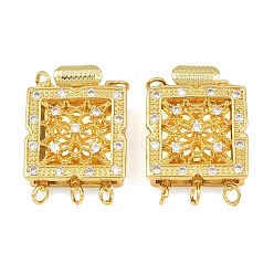 Real 18K Gold Plated Rack Plating Brass Micro Pave Clear Cubic Zirconia Box Clasps, Cadmium Free & Lead Free, 2-Strand, 4-Hole, Square, Real 18K Gold Plated, 24.5x19.5x7.5mm, Hole: 2.4mm