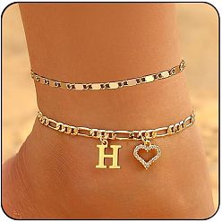 Letter H Двухслойные браслеты для щиколотки с латунными кристаллами и стразами в форме сердца, золотые, Письмо ч, 7-7/8 дюйм (200 мм), 2 шт / комплект