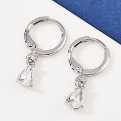 Прозрачный Серьги-кольца в форме слезы с микропаве из кубического циркония из латуни, платина, прозрачные, 22x5 мм