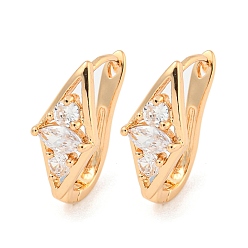 Light Gold Brass Micro Pave Clear Cubic Zirconia Hoop Earrings, Rhombus, Light Gold, 17.5x7.5mm