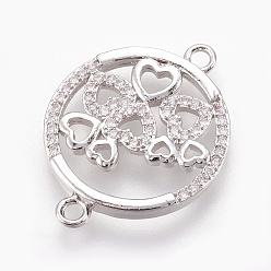 Real Platinum Plated Brass Micro Pave Cubic Zirconia Links, Long-Lasting Plated, Flat Round with Heart, Lead Free & Nickel Free & Cadmium Free, Clear, Real Platinum Plated, 24x18x2mm, Hole: 2mm