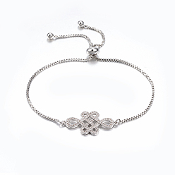 Платина Регулируемые латунные браслеты из микропаве из циркония и боло, слайдерные браслеты, с латунной коробки цепей, Китайский узел, платина, 10-5/8 дюйм (270 мм)