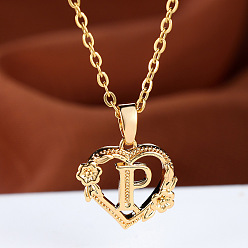 Letter P Цепочка из латуни с подвеской в виде сердца в форме розы и буквы, золотые, Письмо P, 17.72 дюйм (45 см)
