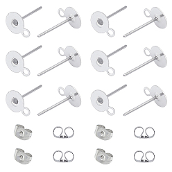 Stainless Steel Color 304 Stainless Steel Stud Earring Findings, with Loop and Ear Nuts, Flat Round, Stainless Steel Color, Stud Earring Findings: 200pcs/box, Ear Nuts: 200pcs/box