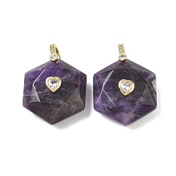 Amethyst Natural Amethyst Faceted Pendants, Hexagon Charms with Brass Pave Heart Clear Cubic Zirconia Findings, Golden, 38x28.5x13mm, Hole: 5.5x4.5mm