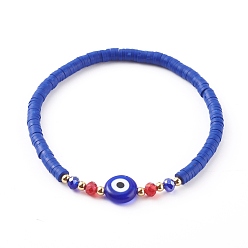 Blue Polymer Clay Heishi Beaded Stretch Bracelets, with Evil Eye Lampwork Beads, Brass Beads and Glass Round Beads, Golden, Blue, Inner Diameter: 2-1/4 inch(5.6cm)