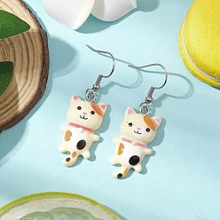 Cat Shape Подвески из смолы и 304 серьги-подвески из нержавеющей стали для женщин, цвет нержавеющей стали, форма кошки, 46x15 мм