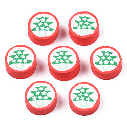 Green Handmade Polymer Clay Beads, Flat Round with Christmas Tree, Green, 9x4~5mm, Hole: 1.4~1.8mm