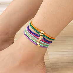 (52) Непрозрачная лаванда 7 шт. комплекты браслетов на лодыжку из латуни и стеклянных бусин в стиле бохо с сердечками, штабелируемые ножные браслеты, золотые, разноцветные, внутренний диаметр: 3 дюйм (75 мм)