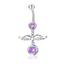 Pink Piercing-Schmuck, umweltfreundlicher kubischer Zirkiona-Nabelring aus Messing, Bauchringe, mit 304 Edelstahlleiste, Flügel, rosa, 41.5 mm, Anhänger: 19.5x25.5 mm, Stange: 14 Spurweite(1.6mm), Stangenlänge: 3/8"(10mm)