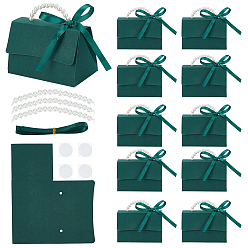 Темно-Зеленый Складные бумажные свадебные конфетницы с пластиковой ручкой, украшенной круглыми бусинами с имитацией жемчуга, и лентой, форма сумочки, темно-зеленый, готовое изделие: 13x7.5x8.5~13.5 см