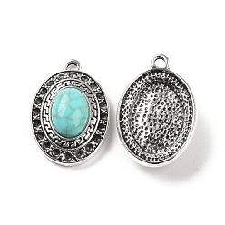 Antique Silver Alloy Pendant Rhinestone Settings, with Synthetic Turquoise, Oval Charms, Antique Silver, Fit for 2mm Rhinestone, 31x21x9mm, Hole: 3mm
