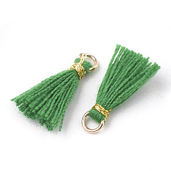 Medium Sea Green Polycotton(Polyester Cotton) Tassel Pendant Decorations, Mini Tassel, with Iron Findings and Metallic Cord, Light Gold, Medium Sea Green, 10~15x2~3mm, Hole: 1.5mm