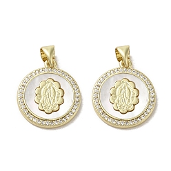 Flat Round Brass Micro Pave Clear Cubic Zirconia Pendants, with Shell, Real 18K Gold Plated, Human, Flat Round, Cadmium Free & Lead Free, 18.5x16x2.5mm, Hole: 3.5x4mm