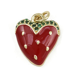 Клубника Латунные микро проложить кубического циркония подвески, с эмалью, без кадмия и без свинца, реальный 18 k позолоченный, с целью перехода в кольце, клубника, 16.5x14x4.5 мм, отверстие : 3 мм