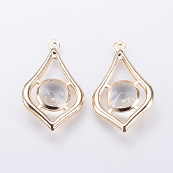 Light Gold Iron Pendants, with Glass Rhinestone, teardrop, Light Gold, 32.5x20x8mm, Hole: 1.5mm