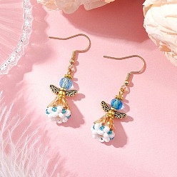 Темно-Голубой Серьги-подвески из стеклянных бусин ручной работы в виде ангела для женщин, 304 нержавеющей стали серьги крюков, античное золото , глубокое синее небо, 44x14 мм