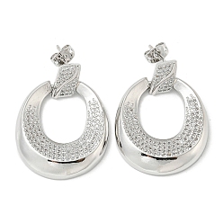 Platinum Oval Rack Plating Brass Micro Pave Cubic Zirconia Dangle Stud Earrings, Long-Lasting Plated, Lead Free & Cadmium Free, Platinum, 34x24.5mm